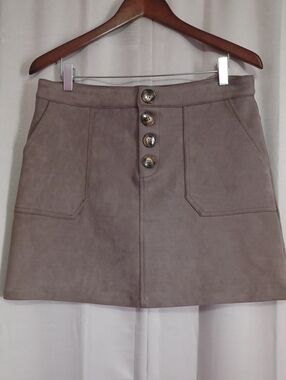 HYFVE Taupe Faux Suede A-Line Mini Skirt Button Closure Pockets High Waisted